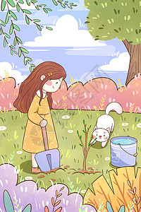 植树节女孩种树插画背景图片