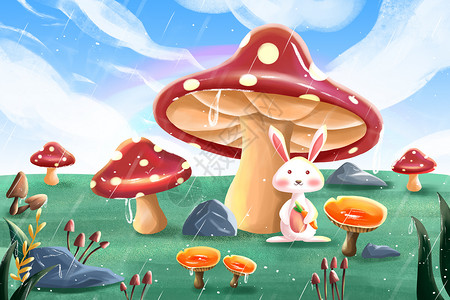 雨水之蘑菇与兔子插画图片