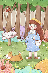 清新手绘女孩与小狗在森林插画背景图片