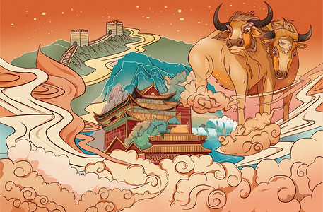 中国风2021牛年贺岁国潮插画图片