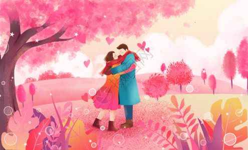 情人节拥抱情侣樱花树下的情侣GIF高清图片