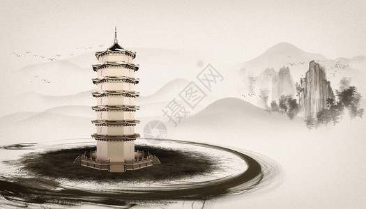 山水环绕新中式背景设计图片