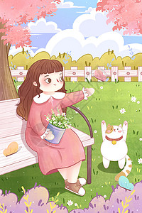 春天女孩与猫咪在公园插画高清图片