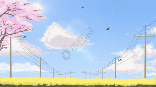 房屋剪影蓝天白云下的春暖花开GIF高清图片