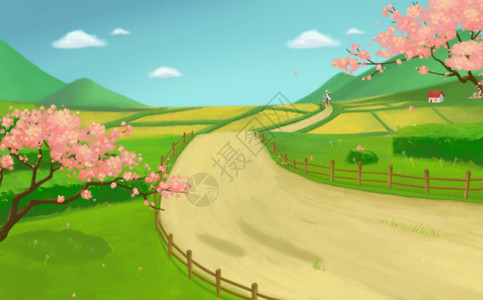 穿过乡村的动车春天踏青郊游看樱花GIF高清图片