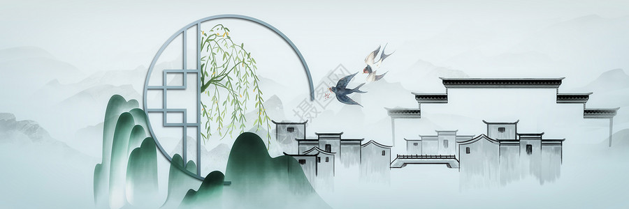 树和燕子新中式设计图片
