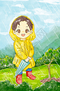 新丑风植树节海报水彩风雨中植树的小男孩插画