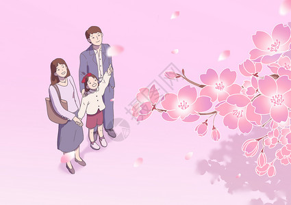 春天樱花树下的一家人背景图片