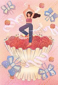 38女神节促销系列海报噪点风女生节系列插画鲜花女孩插画