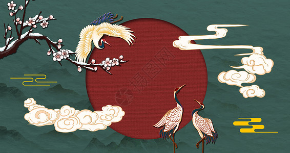 国潮文化海报国潮仙鹤背景设计图片