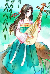 民乐乐器水彩国风弹琵琶的女孩插画