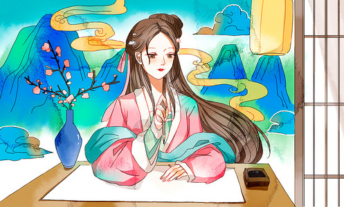 琴棋国潮风落笔构思的女孩插画