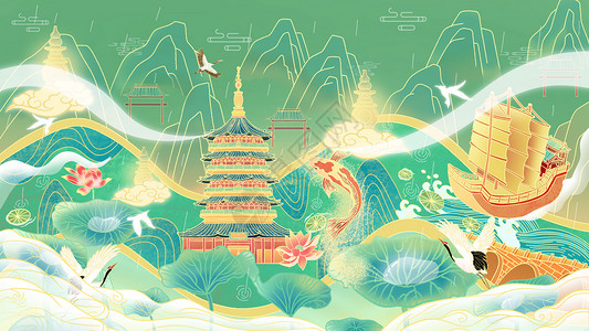 杭州西湖国风插画背景图片