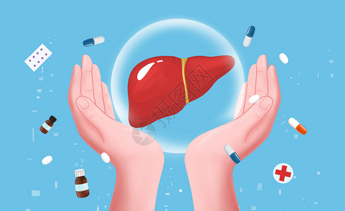 红色药丸双手保护肝脏插画