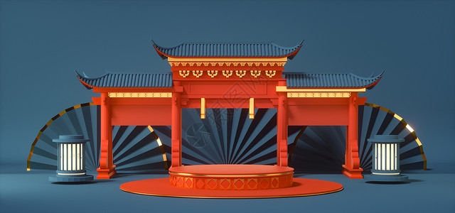 神社寺庙国潮风中式电商展台设计图片
