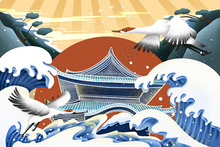 日本难波公园中式浮世绘国潮插画插画