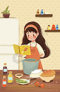 素材长图学做饭的女孩插画
