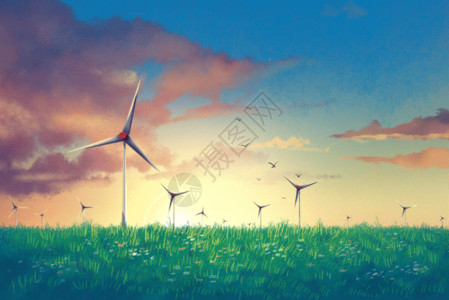 风力发电的风力发电机夕阳下的草原风车GIF高清图片