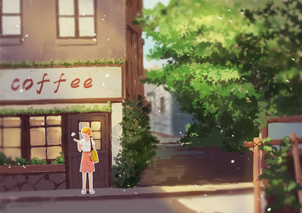 店面门口咖啡店门口的女孩插画