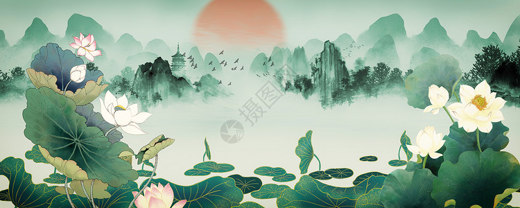 中国政区图国潮花卉背景设计图片