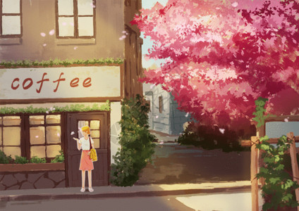 幸福美好咖啡店门口樱花树下的女孩GIF高清图片