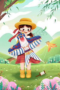 春季的桃树枝清明节放风筝女孩与鸟踏青春天插画插画
