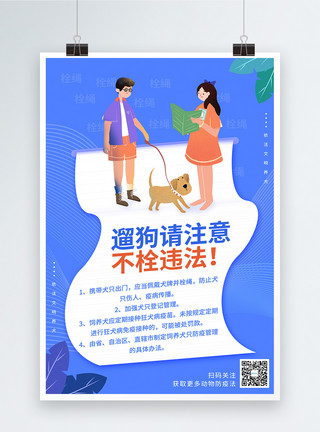 动物防疫卡通插画遛狗不栓绳违法科普宣传海报模板