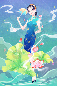 传统节气谷雨海报国潮风穿旗袍的少女插画