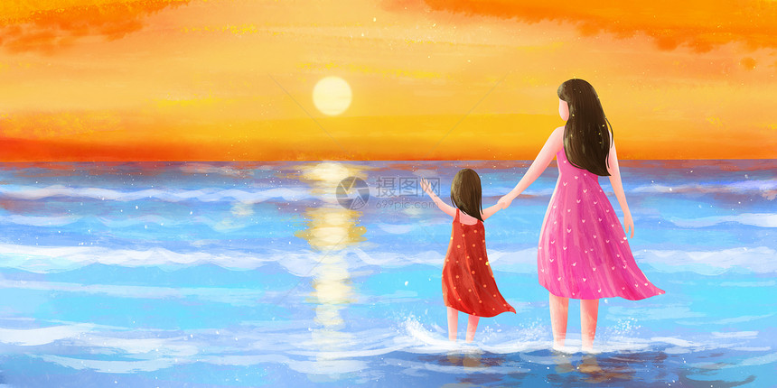 母亲节看海的妈妈和女儿图片