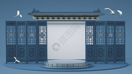 中式古典门3D国潮风展台背景设计图片