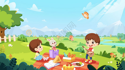 小朋友草地野餐春天周末一起野餐去吧插画