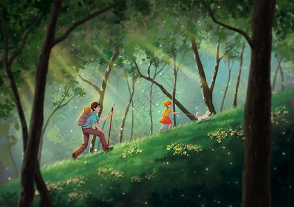 户外树林孩子的假期探险旅行插画