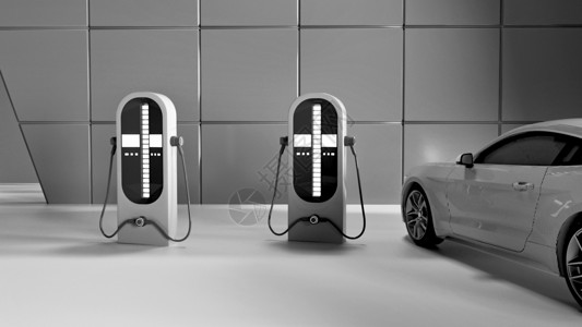 银白色概念车新能源充电桩场景设计图片