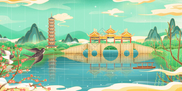 中国复古背国潮鎏金城市烟花三月扬州瘦西湖地标建筑GIF高清图片