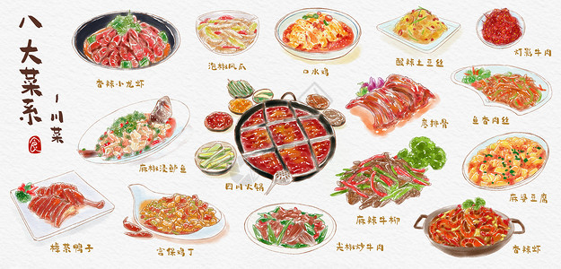 八大菜系川菜水彩手绘美食插画背景图片