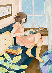 世界读书日手机海报水彩读书日看书学习的女孩插画