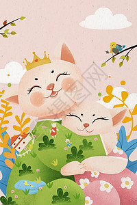 本土宝宝坐白色母亲节之猫咪母子插画