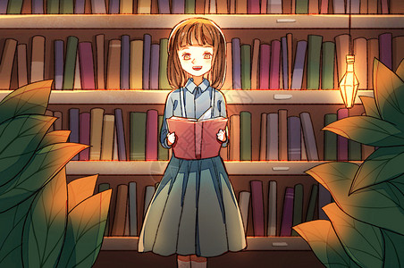 手绘壁灯书店悠然看书的女孩插画