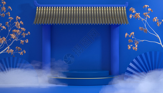 蓝色国潮展台背景背景图片