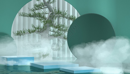 绿色松树3D中式国潮风场景设计图片