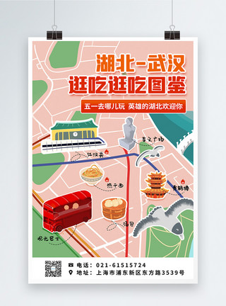 武汉旅游必去景点可爱插画湖北武汉旅游图鉴海报模板