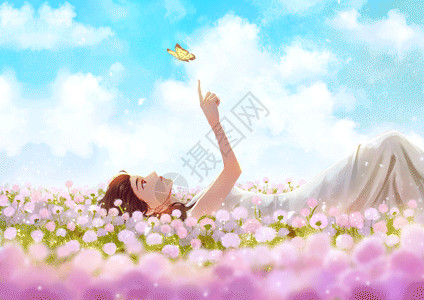 春日蝴蝶少女花丛的少女GIF高清图片