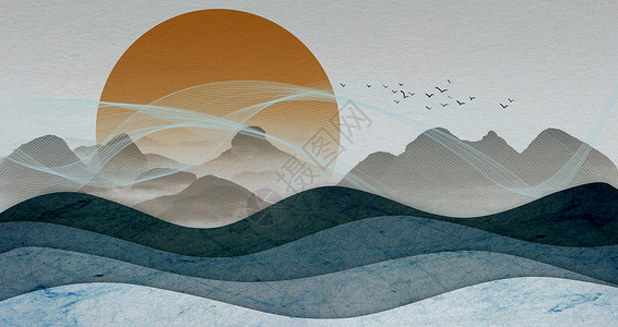 剪纸风海上风景抽象山水背景设计图片