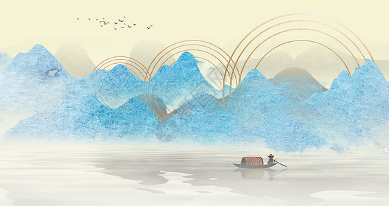 水彩国风抽象山水海报设计图片