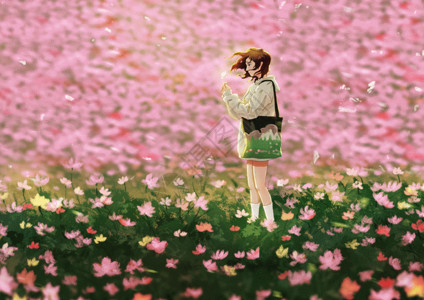 粉色花海春天花海里的少女GIF高清图片