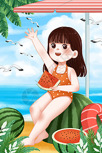 海边吃西瓜的女孩背景图片