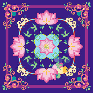 古代传统牡丹花纹敦煌藻井花纹紫色插画
