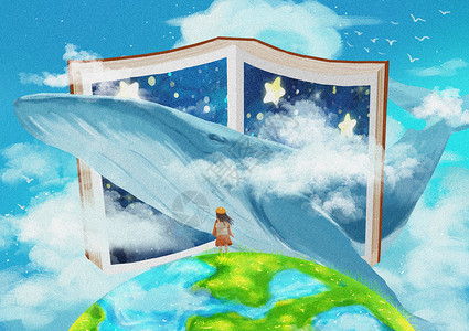 被污染的地球背着书包的女孩被从书本里钻出来的鲸吸引住插画