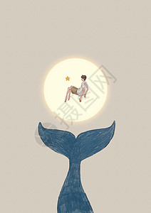 海报漂浮鲸鱼与少年插画