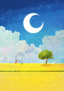 风景竖图月亮下奔跑的女孩插画